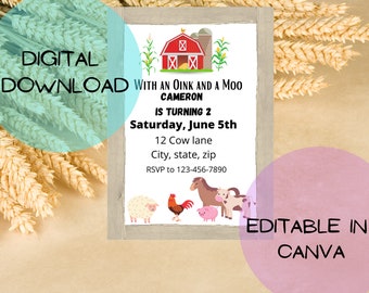 Invitación de cumpleaños de granja, descarga digital, invitación de cumpleaños editable, fiesta de animales de granja, fiesta del Viejo McDonald