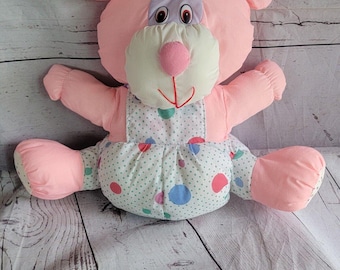 Vintage muisbeer roze paars pluche knuffeldier met overall 13 inch