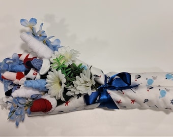 Baby boy sock bouquet, nautical recieving blanket, new mom gift
