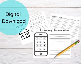 May include: Printable worksheet for children to practise writing their name, address, and phone number. The worksheet features a house icon, a phone icon, and lined spaces for writing.