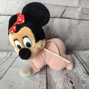 Vintage Pink Baby Minnie Mouse Crawling Plush Stuffed Animal With Bib READ image 1