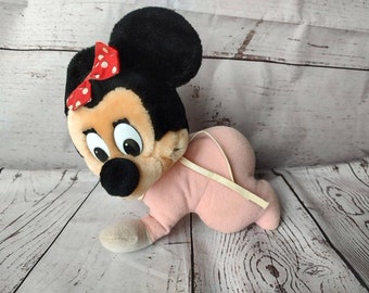 Vintage Pink Baby Minnie Mouse Crawling Plush Stuffed Animal With Bib READ