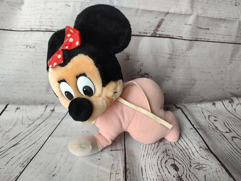Vintage Pink Baby Minnie Mouse Crawling Plush Stuffed Animal With Bib READ image 1