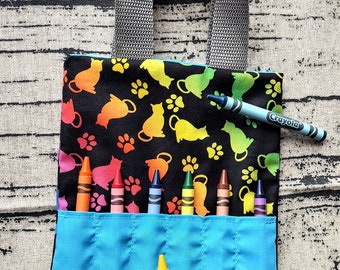 Rainbow cat crayon tote bag, party favor bag, crayon holder, travel crayon bag