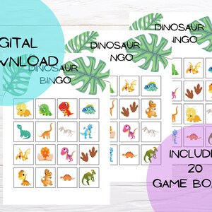 Gioco del bingo sui dinosauri, gioco di società, gioco scaricabile, festa dei dinosauri