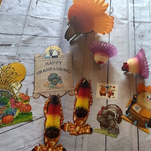 Vintage Thanksgiving cartón recorte panal decoraciones pavo espantapájaros maíz