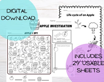 May include: Black and white printable worksheets for children to learn about the life cycle of an apple. The worksheets include a word search, a fill-in-the-blank activity, and a drawing activity. The worksheets are part of a set of 29 usable sheets.
