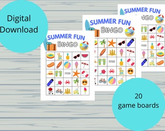 Summer bingo game, kids game, summer fun, beach activity, printable game