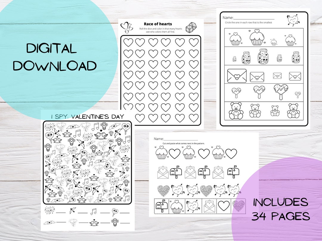 Valentine's Day Printable Activity Sheets Preschool Etsy