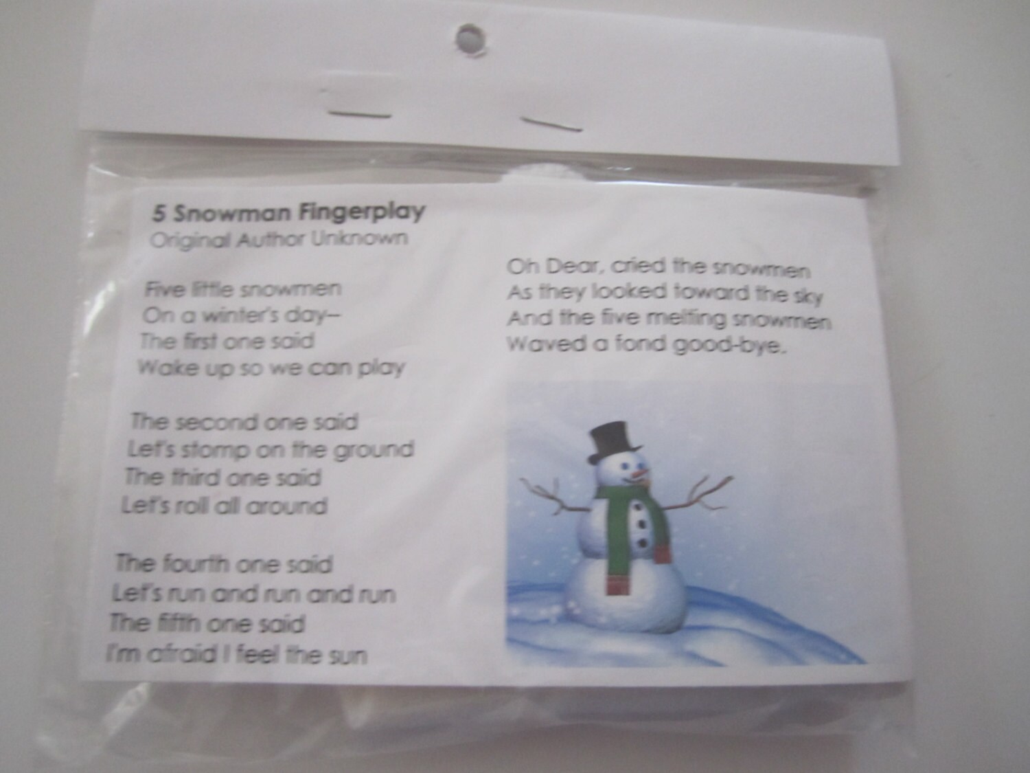 Snowman hand puppet counting activity finger play activities 