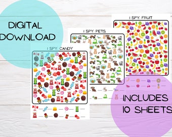 I spy printable sheets, downloadable games, travel games, quiet games, counting game