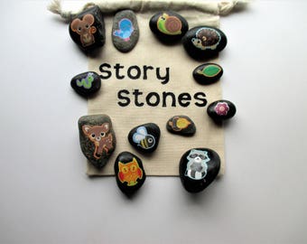 Forest animal story stones, Imagination building activity, story telling skills, teacher gift