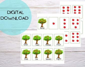 Number flash cards, Apple math, preschool math game, matching game