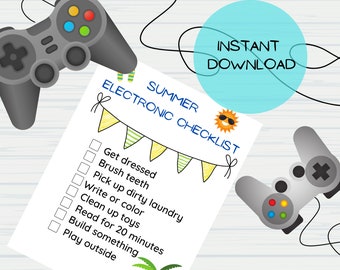 Summer electronic use checklist, summer activity, printable checklist, screen time, editable file