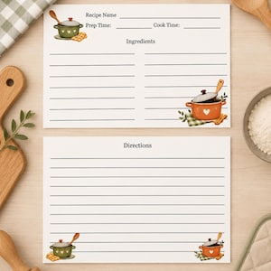 May include: Two white recipe cards with black text and lines. The top card features the text Recipe Name, Prep Time, Cook Time, and Ingredients, decorated with illustrations of green and orange pots. The bottom card is labeled Directions.