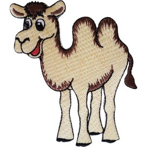 May include: An embroidered iron-on patch featuring a cartoon camel with two humps. The camel is light beige with dark brown accents on the head, humps, and tail. It has large white eyes with black pupils and a smiling mouth with a red tongue visible.