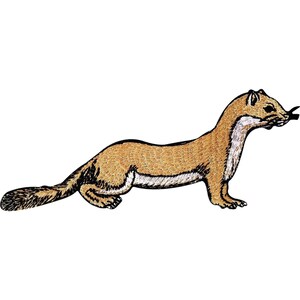 May include: An embroidered patch featuring a weasel in a standing position. The animal has golden-brown fur on its back and head, with a white underbelly and throat. The design includes black outlines and detailing on the tail and face.