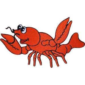 May include: An embroidered iron-on patch featuring a bright orange cartoon lobster with black outlines. The lobster has two large claws, multiple legs, a curved tail, and white eyes with black pupils, all rendered in a flat, stitched design.