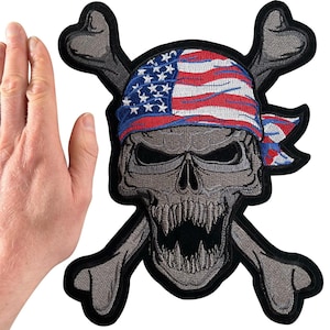 Stor amerikansk flagga dödskalle och korsben lapp stryk-på/sy-på jacka väst bikermärke