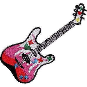 May include: An embroidered iron-on patch shaped like an electric guitar. The body features a pink, red, and white colour scheme with small star and heart motifs. The neck is black and white with a detailed fretboard and a white headstock.