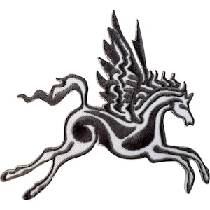May include: An embroidered patch featuring a stylised black and white Pegasus in a dynamic leaping pose. The design showcases intricate thread work with flowing lines, a long mane, and large wings extended upwards, creating a high-contrast graphic.