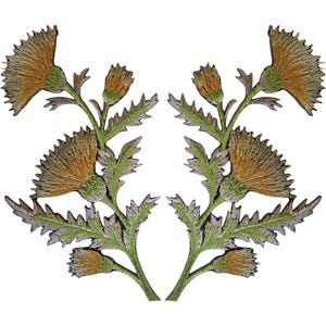 May include: Two symmetrical embroidered patches featuring golden-brown thistle flowers with green stems and serrated leaves. Each patch displays two blooming thistle heads and two smaller buds, rendered in detailed thread work on a white background.