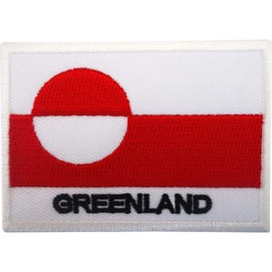 May include: A rectangular embroidered patch featuring the flag of Greenland with a white top half and a red bottom half, containing a red and white circle design. The word GREENLAND is stitched in black capital letters at the bottom.