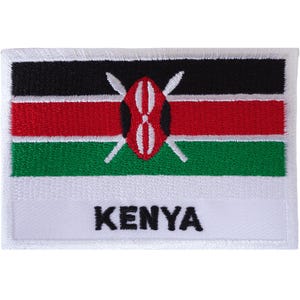 May include: A rectangular embroidered patch featuring the flag of Kenya with horizontal stripes of black, red, and green, separated by thin white lines. In the center, a red, black, and white shield with two crossed spears is displayed above the word KENYA.