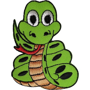 May include: An embroidered iron-on patch featuring a cartoon snake with a bright green body, large white eyes with black pupils, a tan underbelly, and black oval spots. The snake has a red forked tongue protruding from its mouth.
