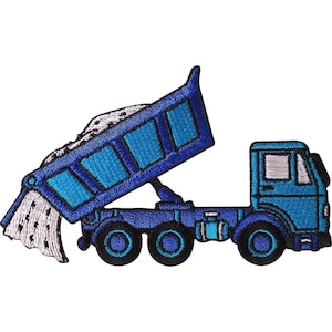 May include: An embroidered patch of a blue dump truck with a raised bed. The truck features a bright blue cab, a darker blue chassis with three black wheels, and a tilted cargo bed spilling out a pile of white material with black speckles.