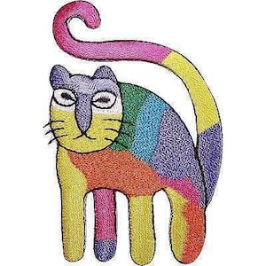 May include: An embroidered iron-on patch featuring a stylised cat with a multi-coloured body. The cat has a purple face, yellow muzzle, and a body composed of patches of green, orange, blue, and yellow. It has a long, curved pink and yellow tail.