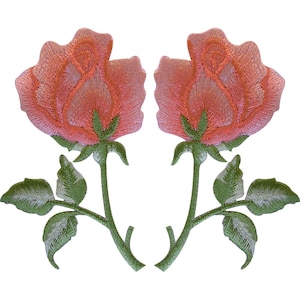 May include: Two identical embroidered patches featuring a peach-colored rose blossom with layered petals, a green stem, and three green leaves. The embroidery uses varying shades of peach and green thread to create texture and depth on each flower.