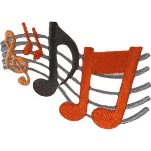 May include: An embroidered patch featuring a musical staff with grey lines. The design includes a light orange treble clef, two small orange quavers, a large black crotchet, and two large orange quavers connected by a horizontal bar.