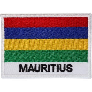 May include: A rectangular embroidered patch featuring the horizontal stripes of the flag of Mauritius in red, blue, yellow, and green. The bottom section is white and features the word MAURITIUS embroidered in bold black capital letters.
