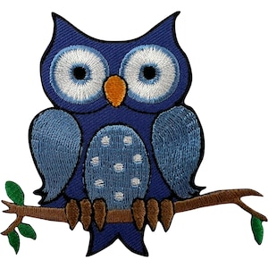May include: An embroidered owl patch featuring a dark blue body, light blue wings, and a light blue belly with white polka dots. The owl has large white eyes with black pupils, an orange beak, and brown feet perched on a brown branch with green leaves.