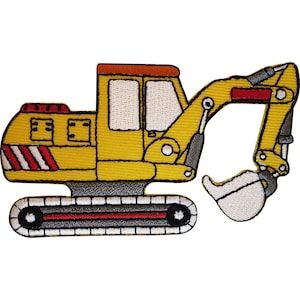 May include: An embroidered patch shaped like a yellow construction excavator. The vehicle features a white cab window, a red and white striped rear panel, a dark gray track base with a red stripe, and a white bucket at the end of the arm.