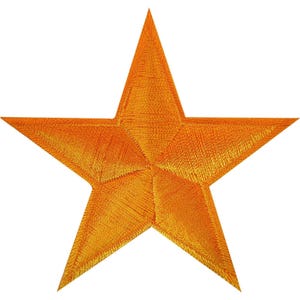 May include: A five-pointed star patch featuring vibrant orange embroidery thread. The design displays a dense, textured stitch pattern that radiates from the centre point towards each of the five sharp tips, creating a consistent finish.