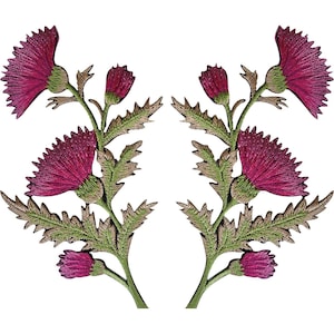 Puede incluir: Dos parches bordados simétricos que muestran flores de cardo en magenta intenso con tallos verdes y hojas dentadas. Cada parche presenta dos cabezas de cardo en flor y dos capullos más pequeños, con un trabajo de hilo detallado.