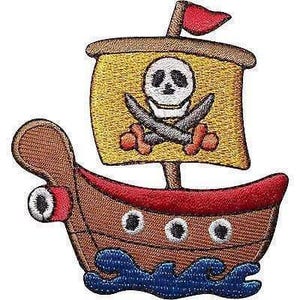 May include: An embroidered patch shaped like a brown pirate ship with a red trim, featuring a yellow sail with a white skull and crossbones design, a small red flag at the top, and stylized blue waves at the bottom of the hull.
