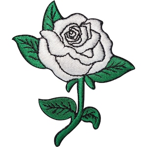 May include: An embroidered iron-on patch featuring a white rose with black outlines and detailed green leaves on a stem. The design shows a single blooming rose flower with layered petals, three distinct green leaves, and a curved green stem.
