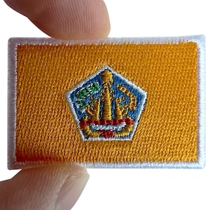 Può includere: Una toppa rettangolare ricamata con uno sfondo giallo oro vibrante e un bordo bianco cucito. Al centro si trova un emblema pentagonale blu contenente una colonna dorata dettagliata, fogliame verde e accenti rossi nel disegno.