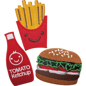 Écusson brodé thermocollant ou à coudre représentant des frites, un hamburger et du ketchup.