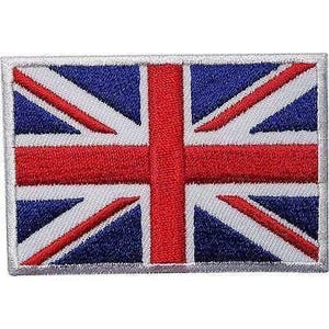 May include: A rectangular embroidered patch featuring the Union Jack flag design. The patch displays a central red cross with white borders, set against a dark blue background with diagonal red and white stripes, finished with a white stitched border.