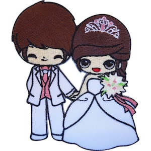 May include: An embroidered patch featuring a cartoon couple in wedding attire. The figure on the left wears a white suit with a pink waistcoat and tie. The figure on the right wears a white gown, a pink tiara, and holds a bouquet of white flowers.