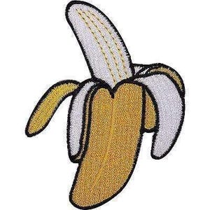 May include: An embroidered patch shaped like a partially peeled banana. The fruit features a bright yellow center with white peel sections outlined in black thread. The texture shows dense stitching throughout the design with a clear black border.