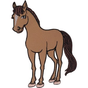 May include: An embroidered iron-on patch featuring a brown horse with a dark brown mane and tail. The horse has a white blaze on its face, black outlines, and light-coloured hooves. The design is rendered in a flat, illustrative style.