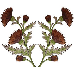 Può includere: Due toppe ricamate simmetriche raffiguranti fiori di cardo marroni con foglie e steli verdi seghettati. Ogni toppa presenta un grande fiore sbocciato in alto, un fiore secondario sotto e un piccolo bocciolo alla base, tutto in filo.