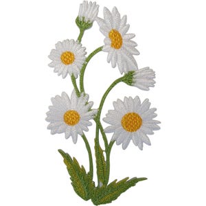 Op de afbeelding: Een geborduurde patch met een tros witte madeliefjes met felgele harten en groene stengels en bladeren. Het ontwerp bevat vier volledig bloeiende bloemen en twee gesloten knoppen, allemaal uitgevoerd met gedetailleerd borduurwerk.
