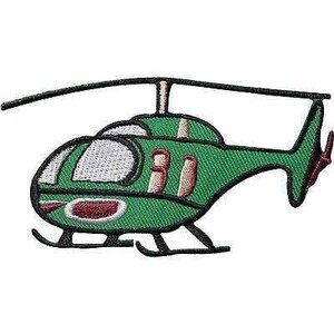 May include: An embroidered patch in the shape of a green helicopter with white windows, a black outline, and red accents on the side and tail rotor. The helicopter features a top rotor blade and landing skids, rendered in a flat, stitched design.