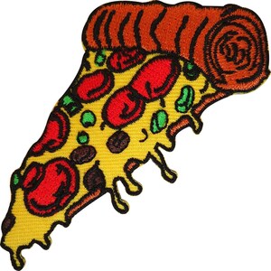 May include: An embroidered patch shaped like a slice of pizza with a thick orange crust, yellow cheese, and red pepperoni toppings. The design features black outlines and small green accents, with melted cheese dripping from the bottom edge.